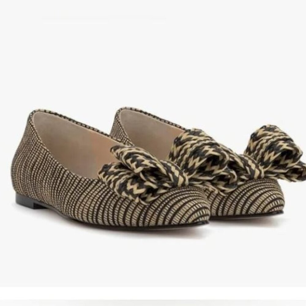 NWT Jessica Simpson Black and Tan Whirzle Bow Accent Raffia Ballet Flats Size 8